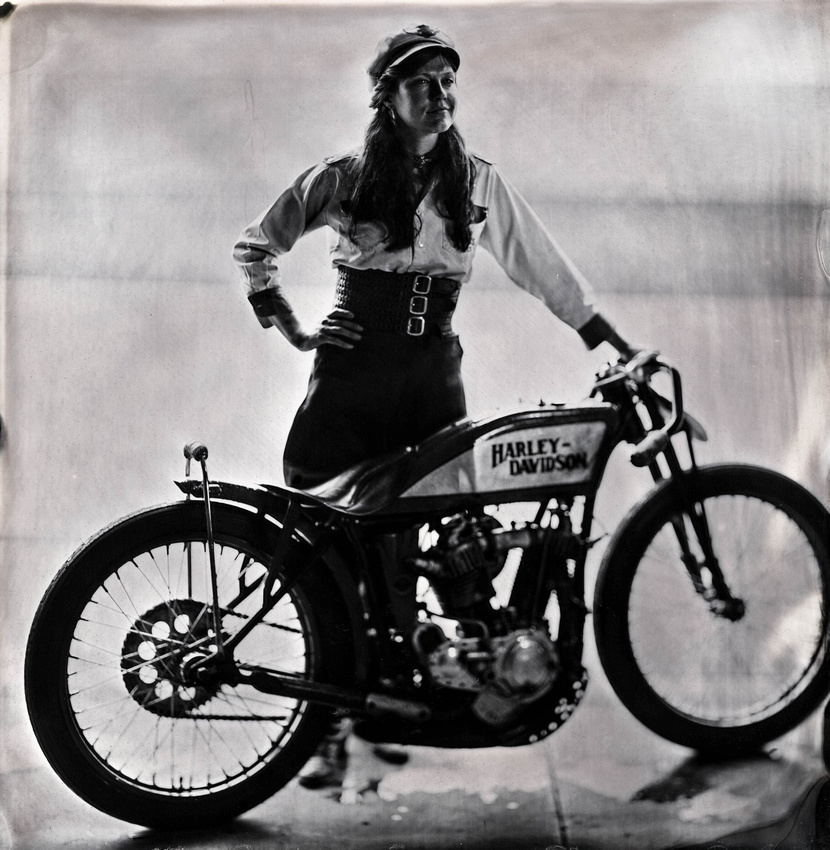 Brittney Olsen, 1923 Harley Davidson "J" Model Dirt Track Racer in Wet Plate Collodion